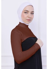 Resim Loggia Balıkçı Yaka Boyunluklu Kolluk Kiremit - Likralı Dik Yakalı Kadın Body Tesettür Crop Bolero Kiremit 