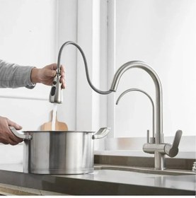 Resim Mutfak Evye Bataryası Smart Dual Flow Su Arıtma Çıkışlı Mat Nikel Dokunmatik Spiralli Evye 