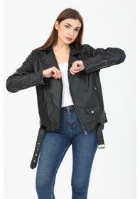 Resim Kadın Siyah Oversize içi Kürklü Kemerli Biker Deri Ceket Siyah 