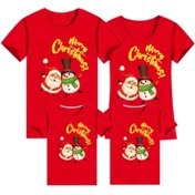 Resim HediyeMania Kırmızı Yılbaşı Tişörtü 4lü Aile Kombini Anne Baba 2 Çocuk Pamuklu Tshirt Merry Christmas Baskılı 