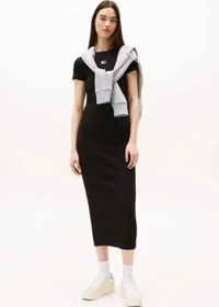 Resim Tommy Jeans Kadın Armalı Fitilli Midi Siyah Elbise Dw0dw20873bds Siyah 