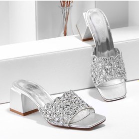 Resim Kadın Gümüş Taş Detaylı Topuklu Terlik GUMUS Gümüş 