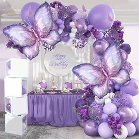 Resim 129 adet Mor Kelebek Balon Garland Kiti - Zarif Düğün, Doğum Günü, Yıldönümü ve Tatil Dekoru ile Canlı Kelebek ve Çiçek Tasarımı, İç/Dış Mekan Kullanımı, Elektrik Gerektirmez, Kelebek Dekorasyonları 