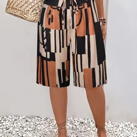 Resim Kadınların Rahat Geometrik Desenli Bağcıklı Şortları - Hafif Polyester, Tüm Mevsimler İçin Rahat, Şık Tatil Giyimi ile Cesur Çizgi Deseni, Bahar Modası Şortları | Rahat Fit Şortları | Polyester Şortlar 