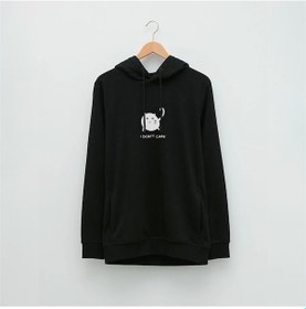 Resim Kızgın Kedi Özel Tasarım Baskılı Kapüşonlu Sweatshirt Siyah 