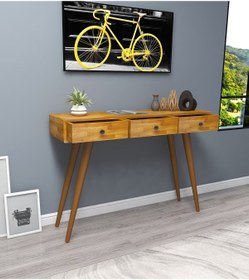 Resim WOODFACE Masif Ahşap Makyaj Masası 110x90 3 Çekmeceli Siyah Doğal Ahşap Dresuar Vestiyer Raf 