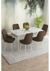 Resim Meri Serisi 80x132 Açılabilir Mdf Beyaz Mermer Desen Masa Takımı 6 Antrasit Sandalye Kahverengi 