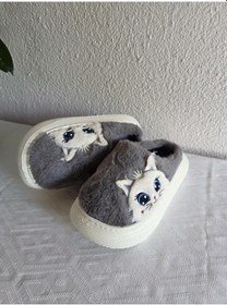 Resim Kadın Kedili Peluş Rahat Ev Terliği 25bnt133 Gri 