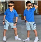 Resim Erkek Çocuk Polo Yaka Kargo Cepli Kot Takım 2302ma Mavi 