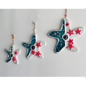 Resim Deniz Kabuğu Süslemeli 3'Lü Deniz Yıldızı Duvar Süsü Nazarlık 