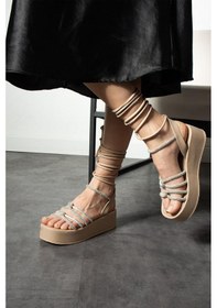 Resim Shoetek Lewke Kadın Sandalet Bilekten Dolamalı Taşlı Bantlı Bej Deri Bej Cilt Bej 