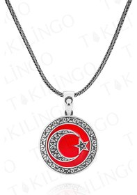 Resim 925 Ayar Gümüş Granür İşlemeli Kırmızı Ayyıldız Model Erkek Kolye Gümüş 