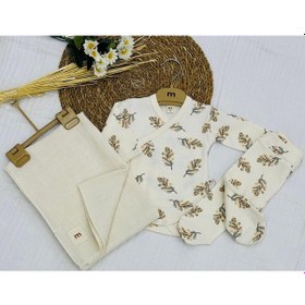 Resim Minisse Baskılı Çıtçıtlı Badi, Alt Ve Müslin Battaniyeli Yenidoğan Bebek 3lü Set Yaprak 