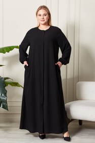 Resim Umre Ferace: Kadin Buyuk Beden Tesettur Ferace Fermuarlı Yandan Baglamalı Kusaklı Ferace Elbise Oversize - Lacivert / 3XL 