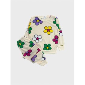 Resim Aliş Kids Kız Çocuk Pamuklu Krem Rengi Çiçek Desenli Uzun Kollu Mevsimlik Pijama Takımı 