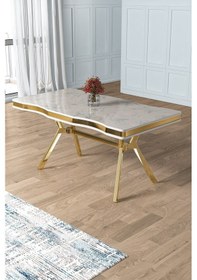 Resim Canisa Concept Prah Serisi 90x160 Lak Panel Beyaz Mermer Desen Gold Ayak Masa Takımı 6 Krem Sandalye Beyaz Mermer Desen Masa Sandalyeler Krem 
