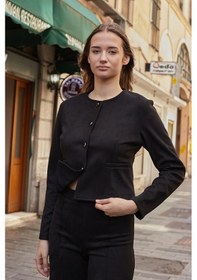 Resim Kadın Esnek Süet Kumaş Sıfır Yaka Flato Cepli Uzun Kol Blazer Ceket-siyah Siyah 