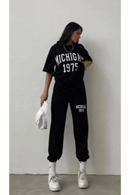 Resim DUBU BUTİK Michigan 1975 T-shirt Eşofman Altı Jogger- Siyah Baskı Alt Üst Eşofman Takımı Oversize Bisiklet Yak 