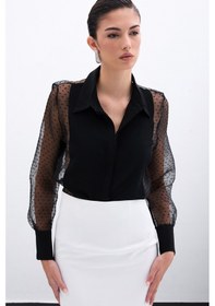 Resim Sateen Organze Detaylı Gömlek - Siyah-135968 Siyah 