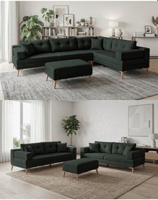 Resim Zeri Modüler Yataklı Koltuk Takımı & 2 Adet Üçlü Kanepe & Köşe Takımı 3+3 - Koyu Yeşil - 125 Koyu Yeşil 