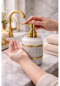 Resim Luxury Gold Detaylı Beyaz Porselen Sıvı Sabunluk Gold Başlıklı Banyo & Lavabo Sabunluk Gri 