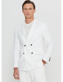 Resim Erkek Ekru Slim Fit Dar Kesim Kırlangıç Yaka Kapak Cepli Blazer Ceket Ekru 