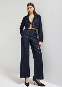 Resim Kadın Lacivert s6-56 Crop Fit Özel Tasarım Delikli Denim Ceket - Lacivert / L 