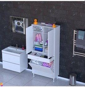 Resim Modilayn Yeni Afra 85x173x32,5 Cm' Lik 1 Çekmece, 2 Göz Sepet, 2 Kapak, 6 Raf Dar Alan Banyo Dolabı Beyaz 