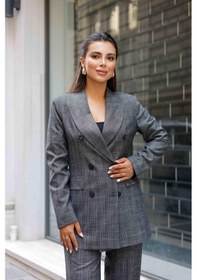 Resim 6 Düğmeli Kruvaze Ekose Takım Gri Gri 