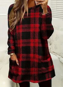 Resim Kadın Uzun Kollu Yarı Balıkçı Yakalı Cep Detaylı Ekoseli Dokuma Tunik - Kırmızı / 2XL-3XL 