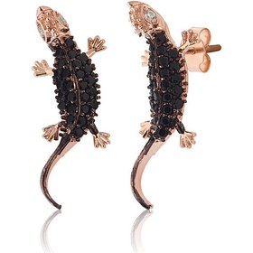 Resim 925 ayar Gümüş Siyah taşlı Kalem Rodajlı Rose Kaplama 3D Bukalemun Modeli küpe 