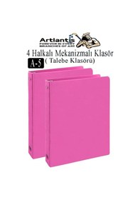 Resim Pembe 4 Halkalı Klasör 2 Adet A5 Pvc Öğrenci Ve Ofis Tipi Evrak Sunum Klasörü İç Cepli Otomatik Mekanizmalı Büro Pembe 