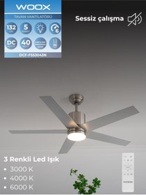 Resim Woox İleri Geri 5 Kanatlı Işıklı Uzaktan Kumandalı, 6 Hız Kademeli Tavan Vantilatör, Sessiz Çalışma 