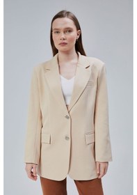 Resim Kadın Oversize Düz Kesim Astarlı Dokuma Blazer Ceket Vizon 