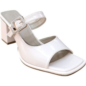 Resim Flora 762 Kadın Kalın Topuklu Taşlı Tokalı Terlik Bej Rugan Siyah 