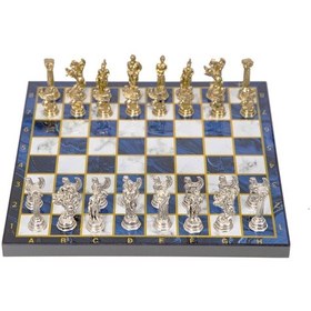 Resim Lüks Metal Satranç Takımı Krom Kaplama Pegasus Atları & Gök Mavi Mermer Desenli Tahta 20 Cm. 