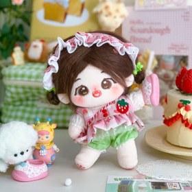 Resim 20cm Peluş Oyuncak Kıyafetleri, Sevimli Çilek Üstü + Başlık + Küçük Çapraz Vücut Çantası 5 adet Set, DIY Oyuncak, Doğum Günü Hediyesi, Gençler Hediyesi 