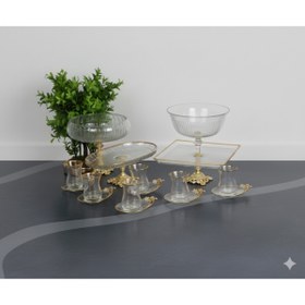 Resim ÇNR Home Collection PAŞABAHÇE GOLD DETAYLI METAL AYAKLI SUNUM & SERVİS SETİ PASTA,ÇAY SETİ , KURABİYELİK 