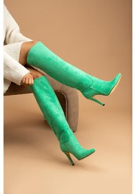 Resim Shoetek Sara Kadın Çizme İnce Topuklu Su Yeşili Süet Su Yeşili 