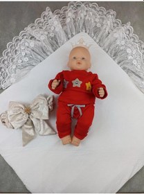 Resim Yenidoğan Saray Kadife Taç Nakışlı İnci Fiyonklu Çift Dantel Duvak Trilüks Kundak Bebek Battaniyesi Vizon-ekru Çok Renkli 