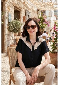 Resim Lela Dantelli Relaxed Fit Kısa Kollu Bayan Gömlek 5865764 Siyah 