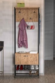 Resim Reyo Falez Portmanto Metal Ahşap Askılık, Mini Vestiyer, Ayakkabılık, Çam, 180x64x34 cm, 6 Askılık, Kapaklı Bölmeli 