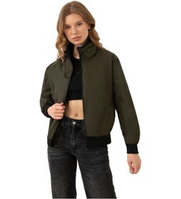 Resim Firststops Kadın Haki Dik Yaka Su Ve Rüzgar Geçirmez Oversize Crop Mevsimlik Yağmurluk Rüzgarlık Haki 