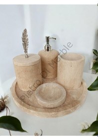 Resim Sarı Traverten Klasik Model 5 Parça Gümüş Renk Kuş Tüyü Aksesuarlı Banyo Seti Sarı Traverten 