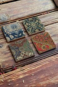 Resim Oscar Stone Decor Renkli Desen Tile Baskılı Doğaltaş Bardak Altlığı Set 4'Lü 4Dsn-287 