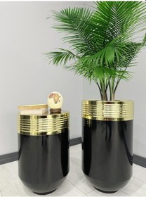 Resim Elegant Dekoratif Gold Darbuka Parlak Siyah Saksı 70cm + Sehpa 60cm İkili Set 