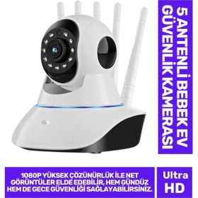 Resim 360° Dönebilen Panoramik Gece Görüş Hareket Algılama Çift Ses 5 Antenli Bebek Ev Güvenlik Kamera 