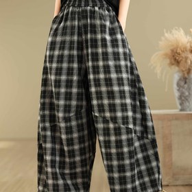 Resim Kadınlar İçin Yüksek Bel Harem Pantolon - Klasik Ekose Desen, Plus Beden Rahat Kesim, Geniş Paça Günlük ve Ofis Giyimi, Her Mevsime Uygun Çok Yönlü Kıyafetler, Yüksek Bel Pantolon, Şık Görünüm, Saydam Olmayan Kumaş, Esnemez Malzeme 