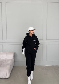 Resim Flasenty Kışlık Alt Üst Takımı Sweatshirt Eşofman Altı - Siyah Baskılı Oversize Kapüşonlu Siyah 