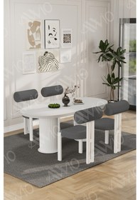 Resim Avvio Lora Serisi Bohem Ayak 4'lü Metal Pofi Demonte Sandalye 80x140 Masa Sandalye Takımı Beyaz Masa Sandalye Beyaz Kumaş Gri 